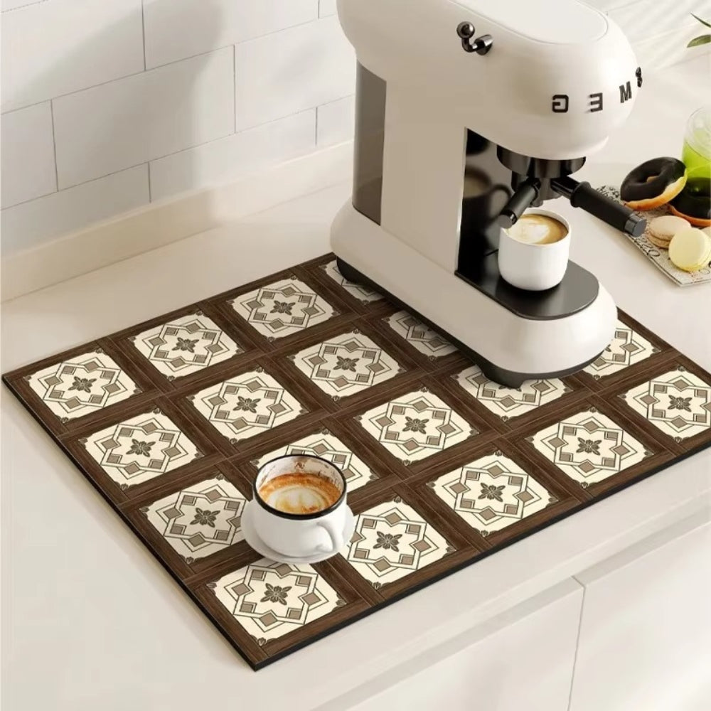 Retro Tile Coffee Bar Drying Mat - Absorbent & Non-Slip