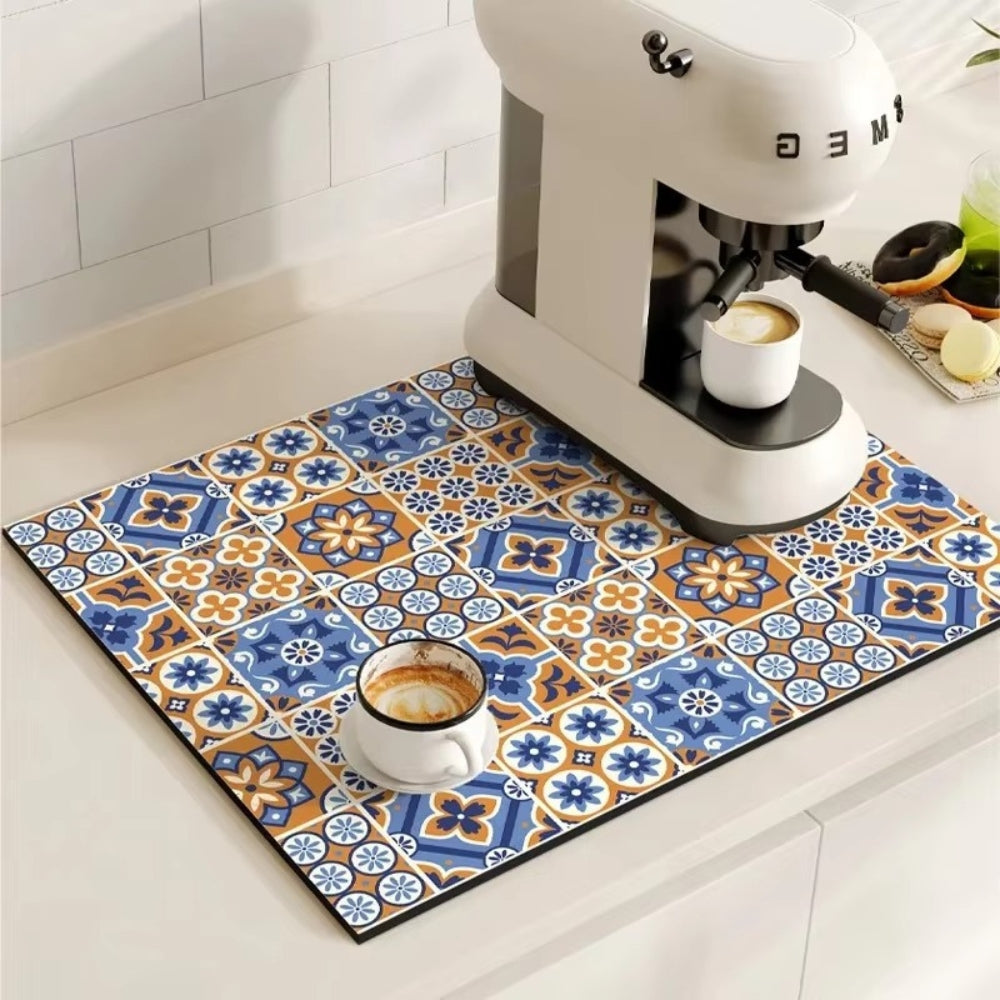 Retro Tile Coffee Bar Drying Mat - Absorbent & Non-Slip