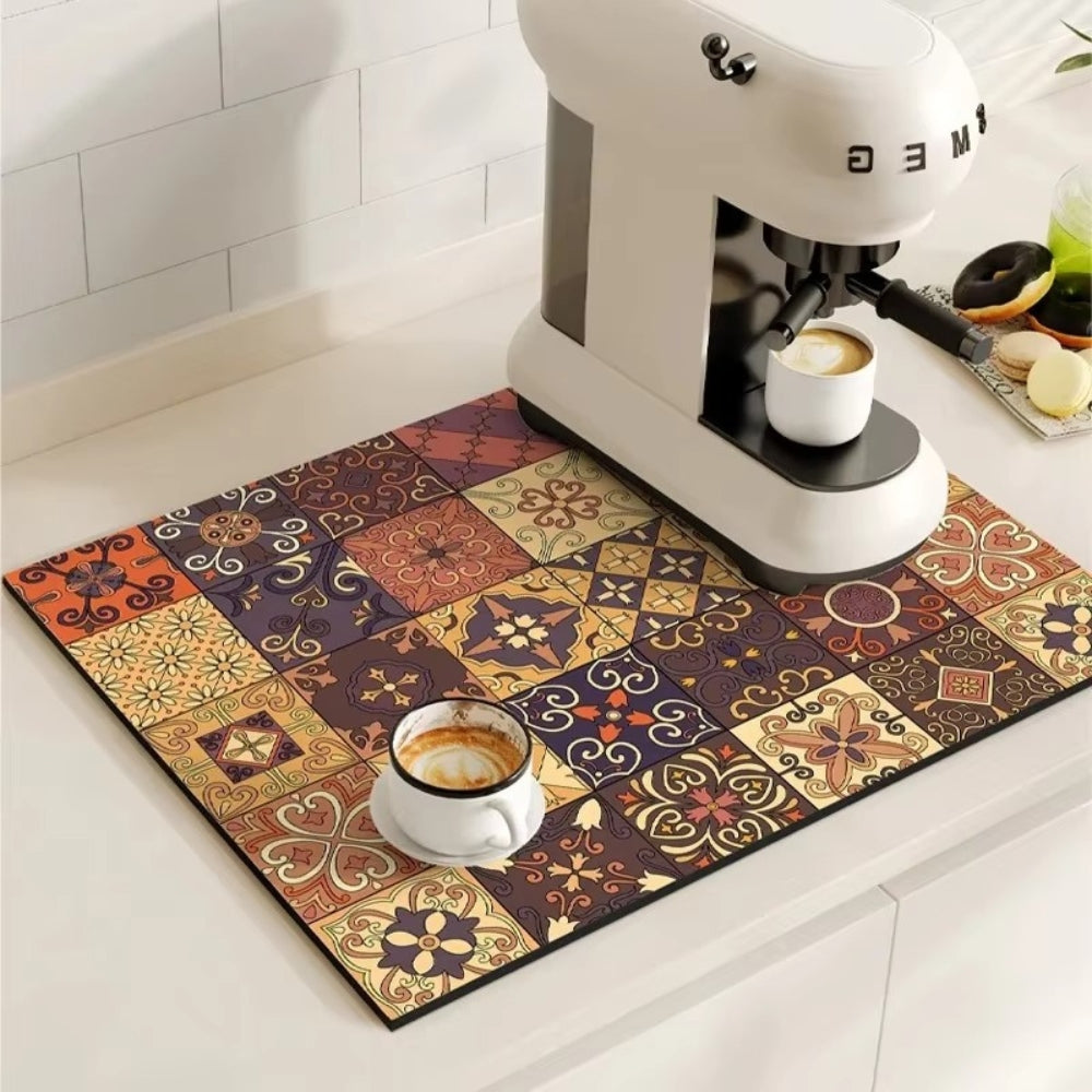 Retro Tile Coffee Bar Drying Mat - Absorbent & Non-Slip