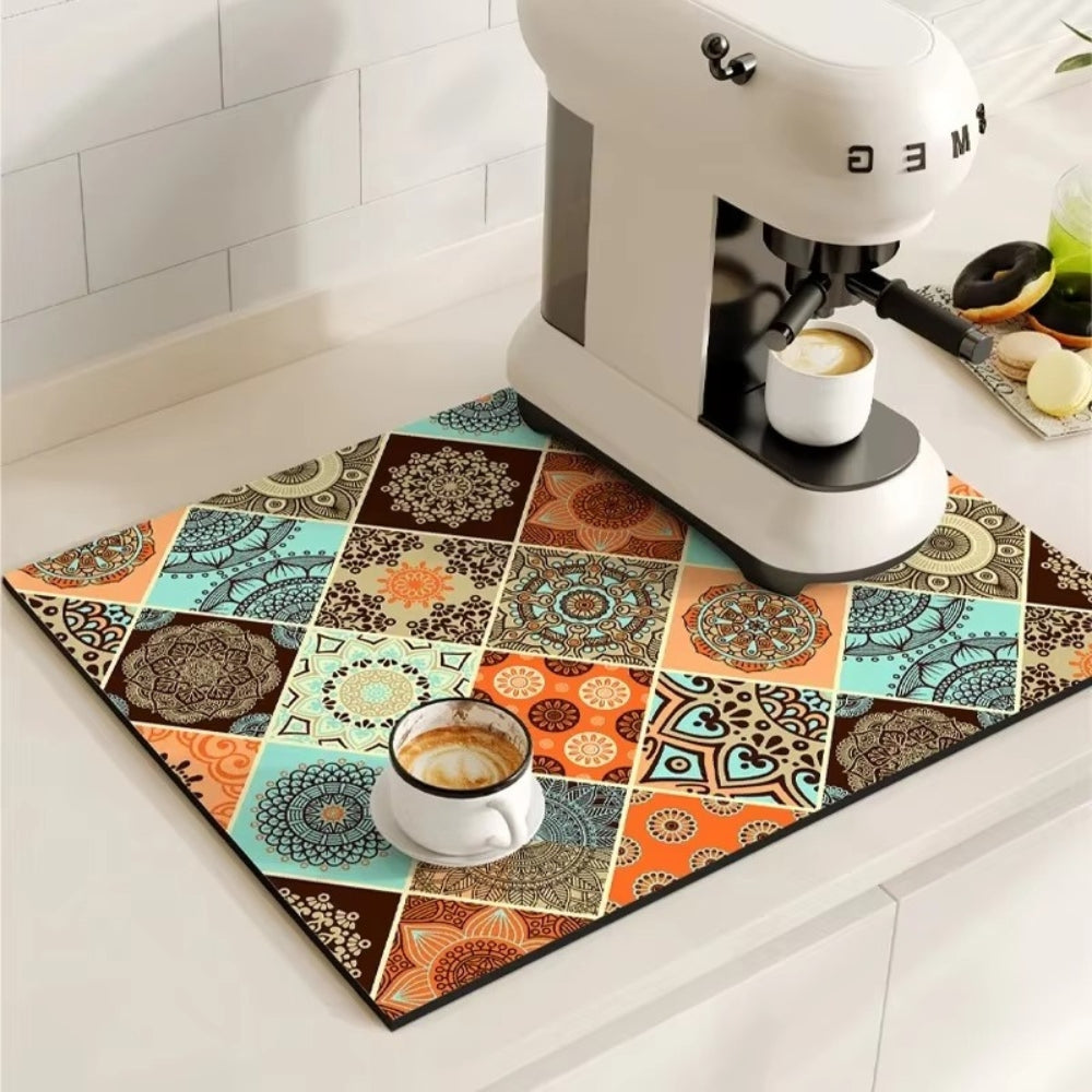 Retro Tile Coffee Bar Drying Mat - Absorbent & Non-Slip
