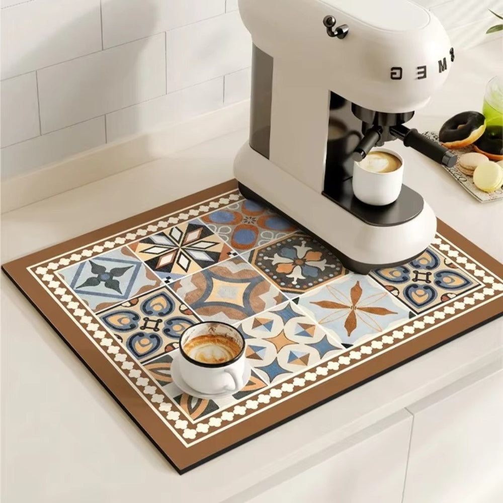 Retro Tile Coffee Bar Drying Mat - Absorbent & Non-Slip