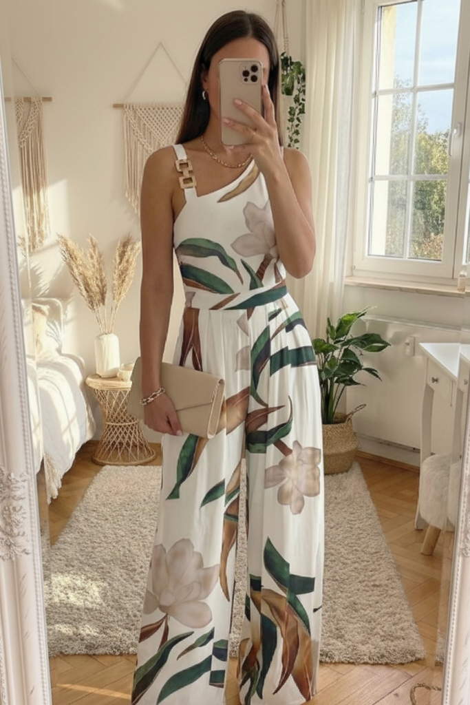 Botanical Print Wide Leg Jumpsuit for Effortless Elegance