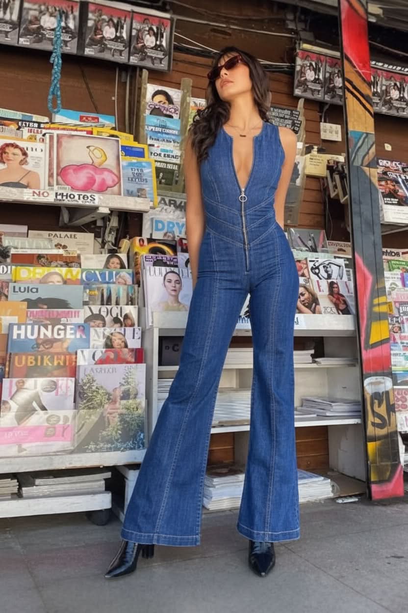 Sleek Deep V-Neck Jumpsuit with Flared Legs