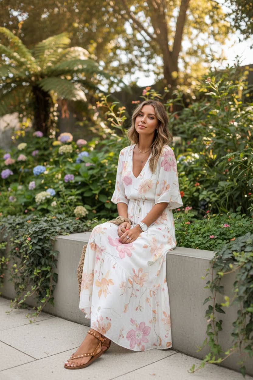 Bohemian Print Maxi Dress with Adjustable Waist