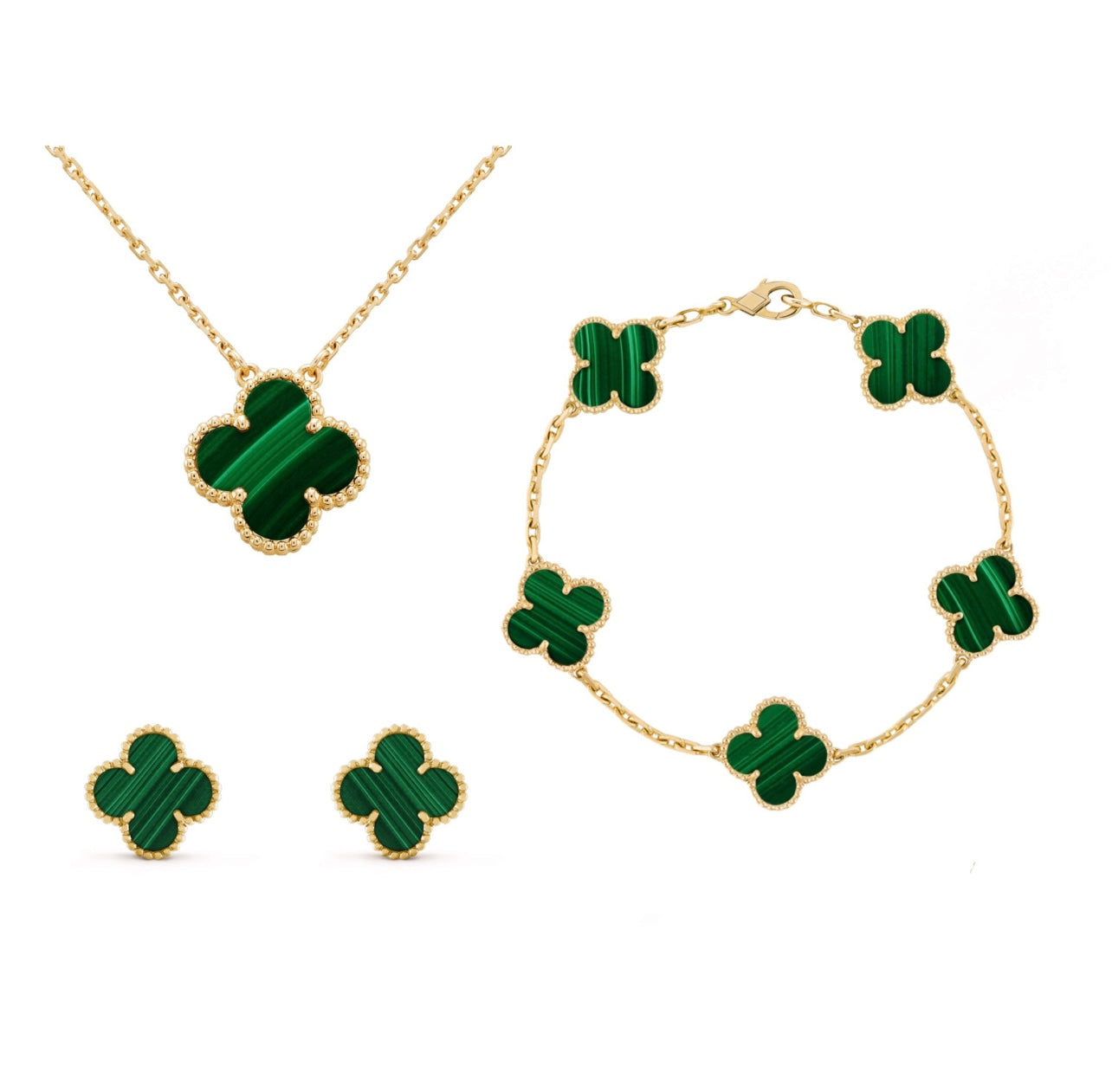 Four Leaf Clover Mother of Pearl Jewelry Set, Gold Plated