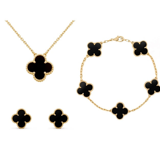 Four Leaf Clover Mother of Pearl Jewelry Set, Gold Plated