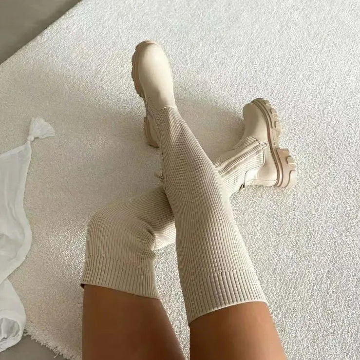 Ribbed Knit Boots | Stretchy Knee-High Design