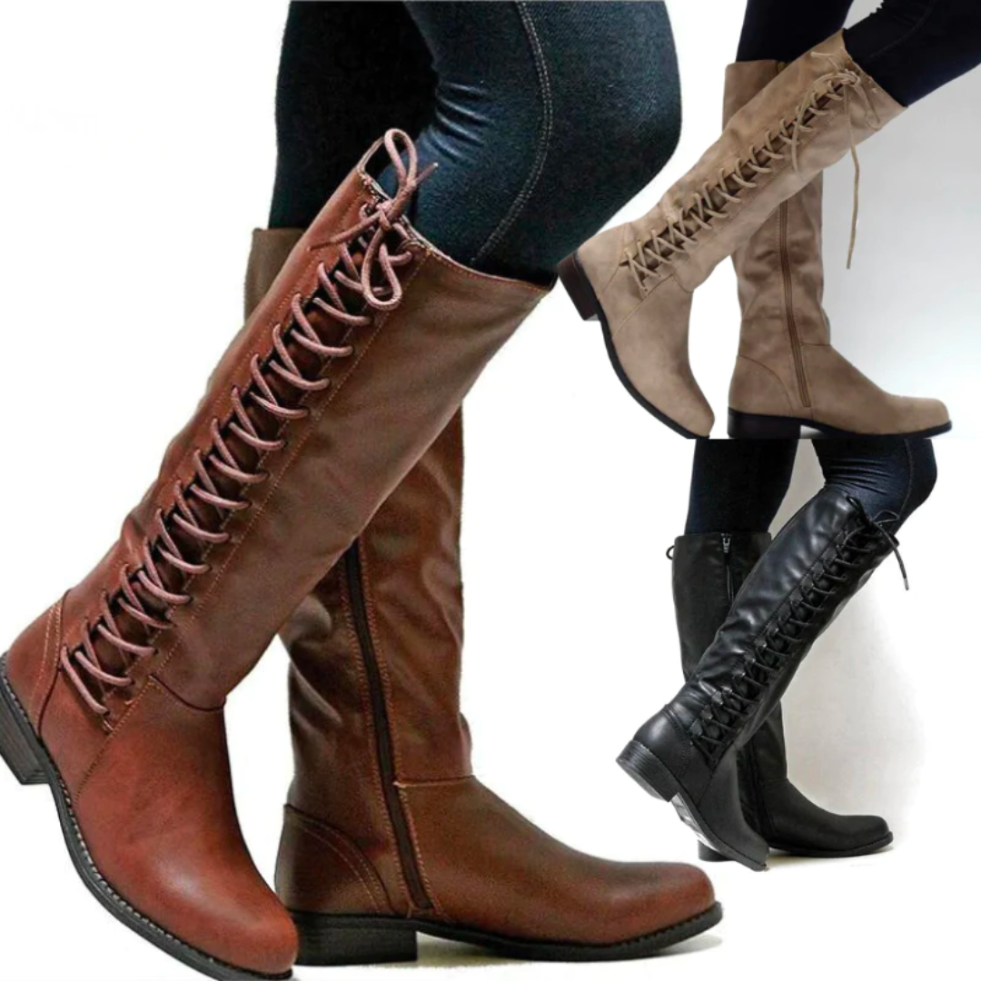 Knee High Lace-Up Combat Boots - Classic Leather Design