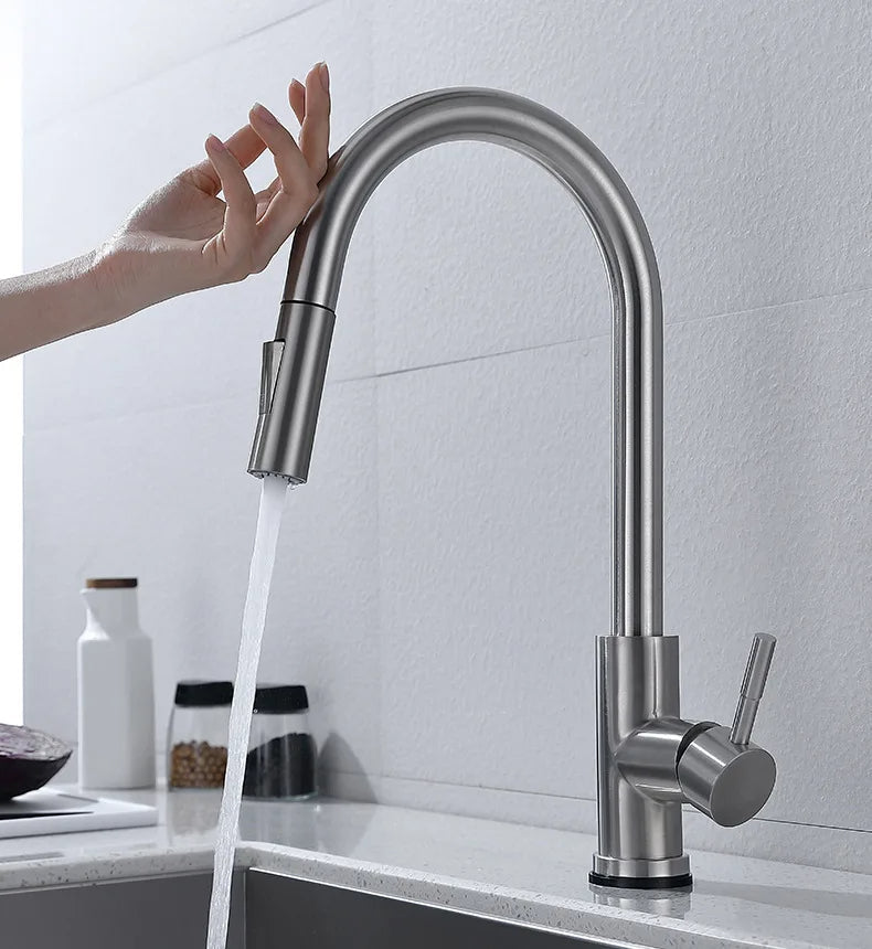 Touchless Sensor Pull-Out Kitchen Tap, Modern Brass Faucet