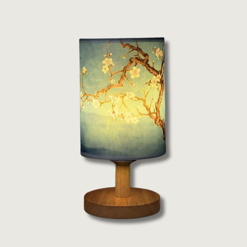 Japanese Cherry Blossom Table Lamp with Wood Base