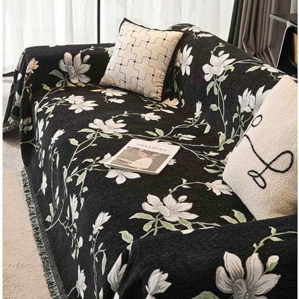 Vintage Floral Chenille Couch Protector with Tassel Detail