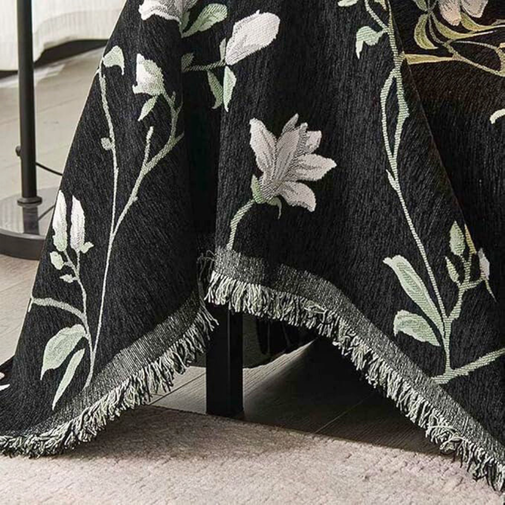 Vintage Floral Chenille Couch Protector with Tassel Detail