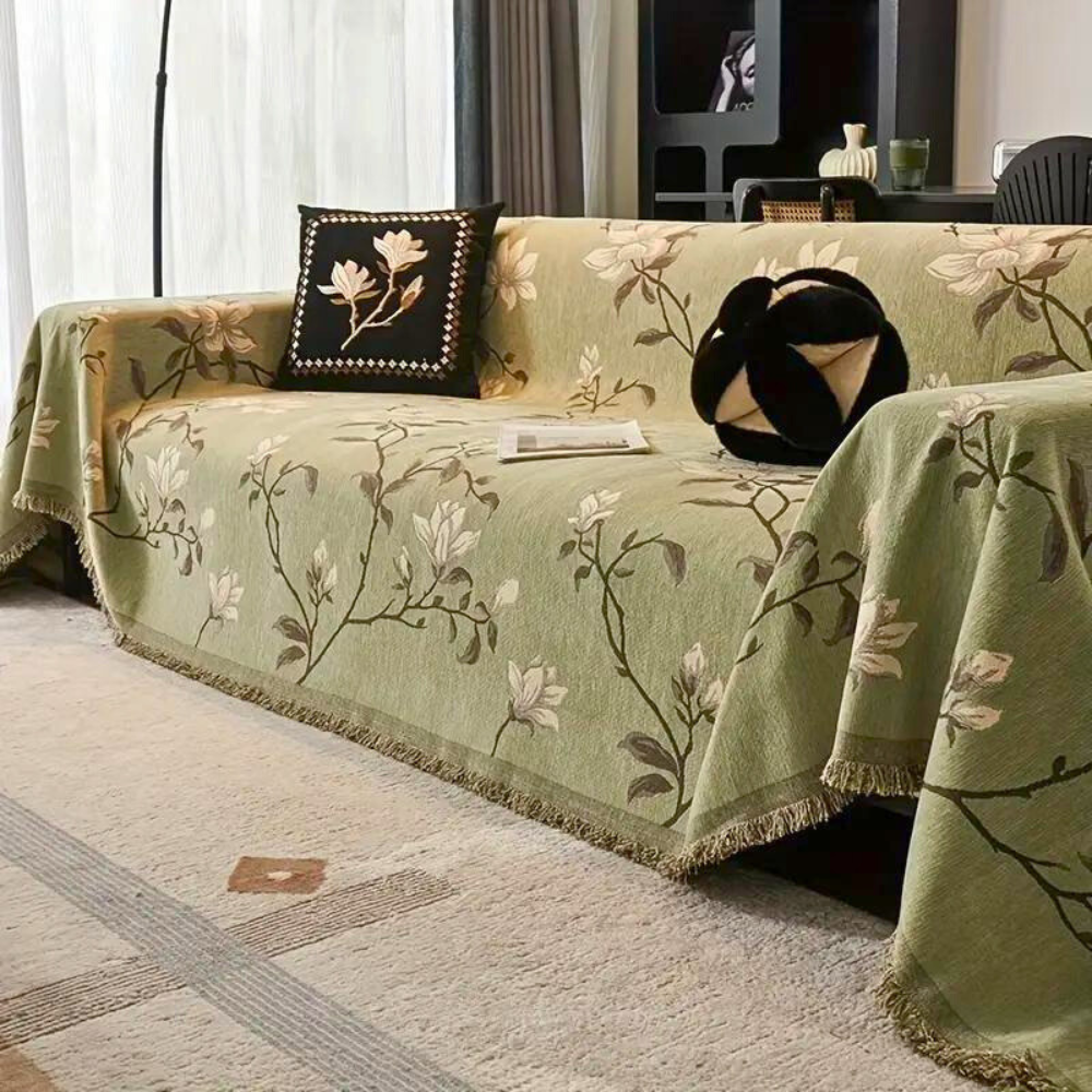 Vintage Floral Chenille Couch Protector with Tassel Detail