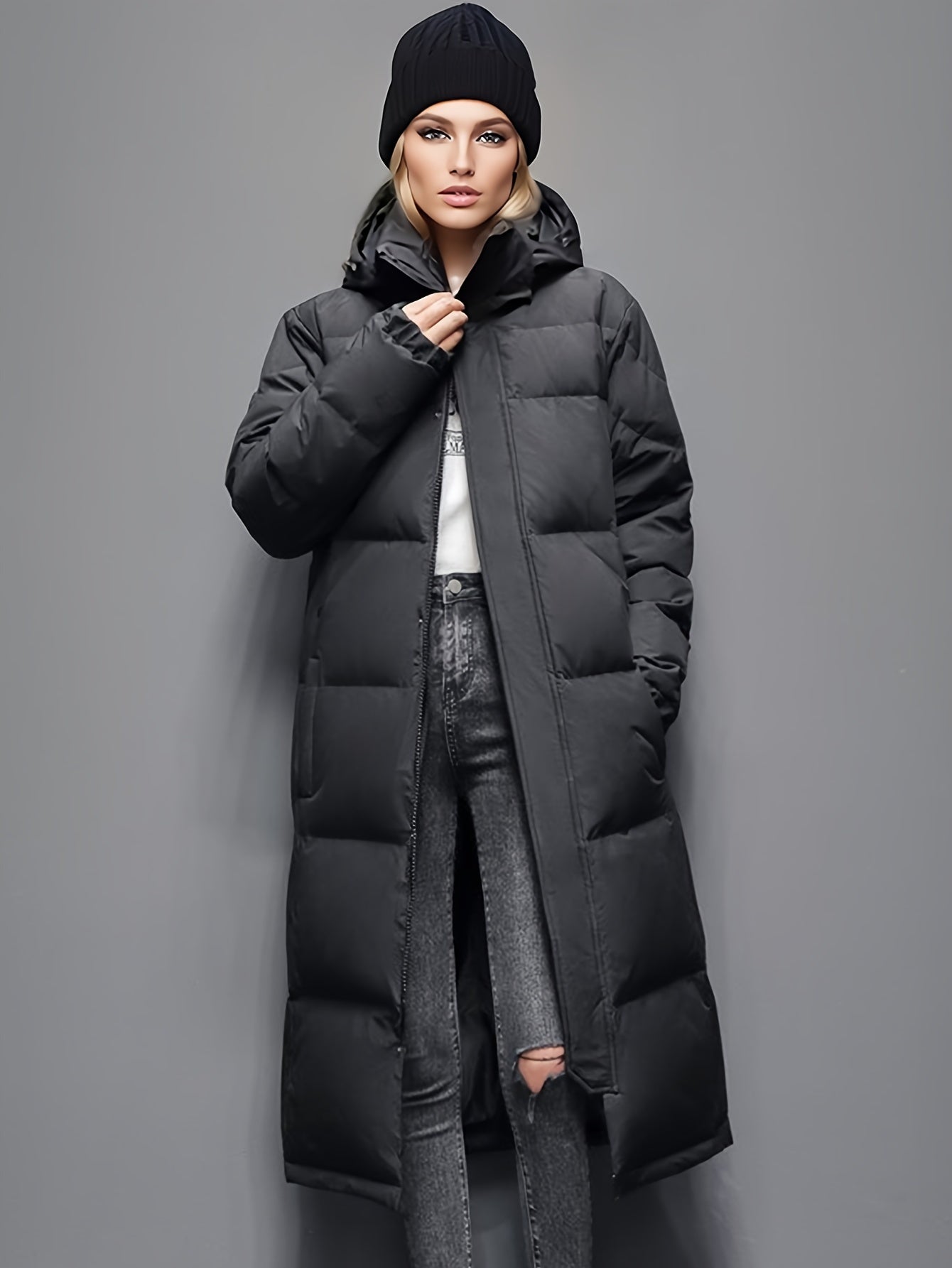 Oversized Quilted Hooded Puffer Coat - Long Winter Coat