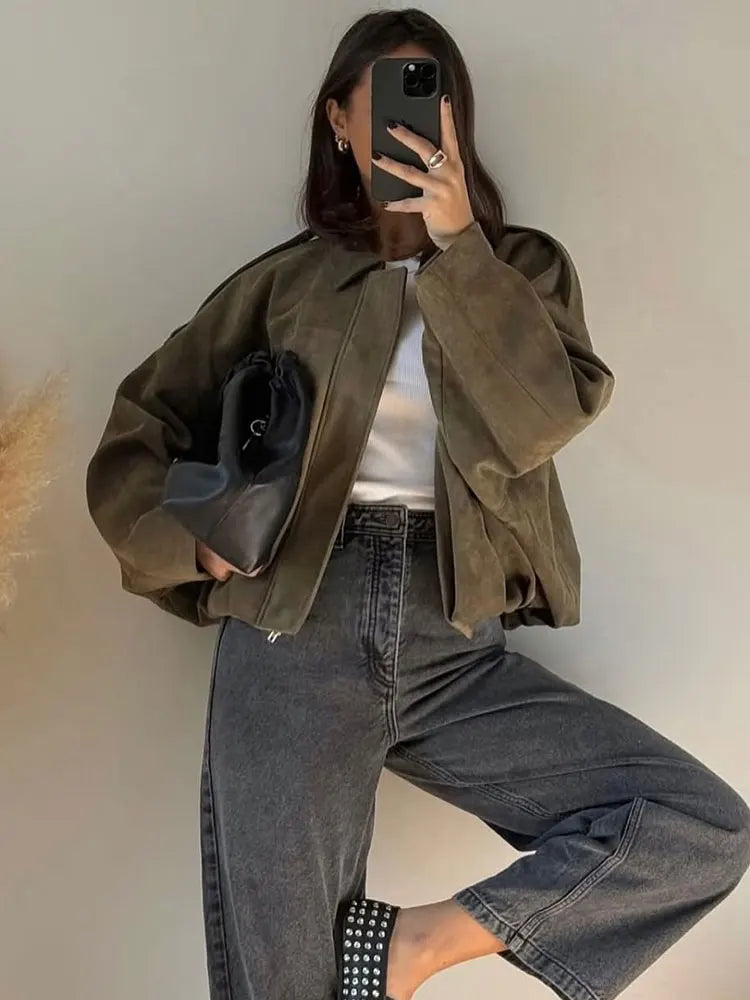 Oversized Vintage Suede Bomber Jacket, Brown & Green