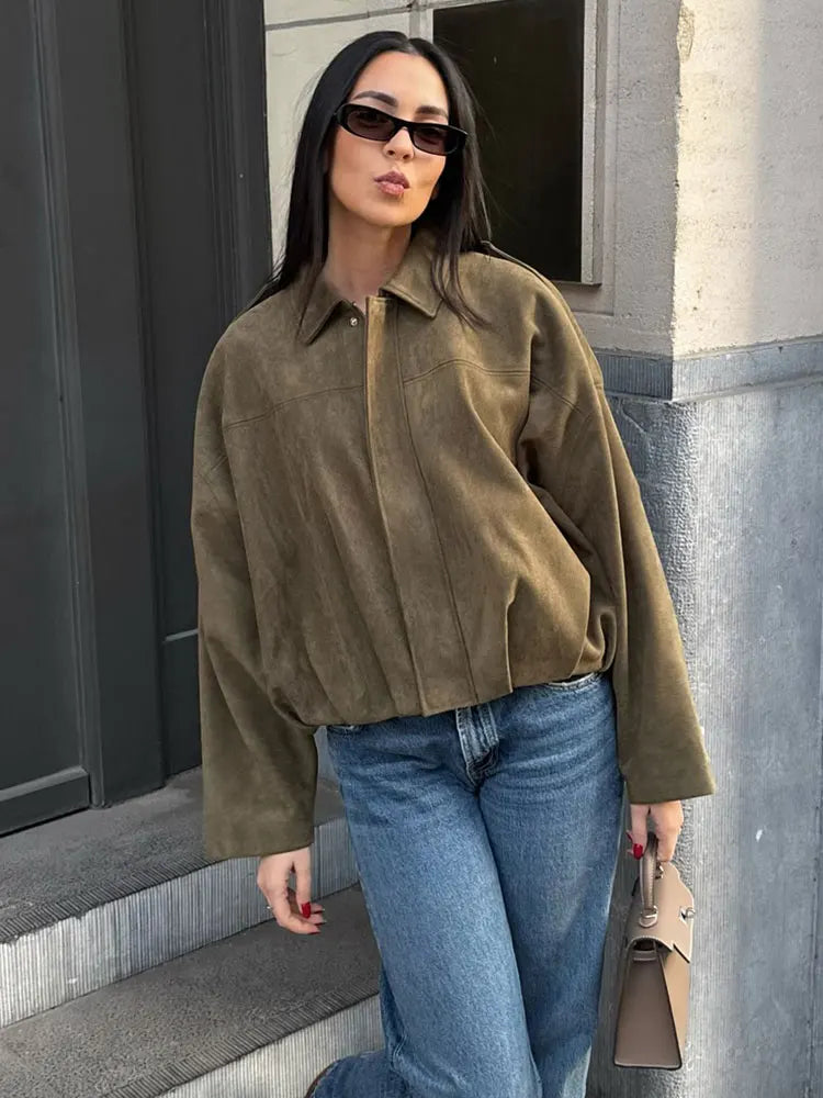 Oversized Vintage Suede Bomber Jacket, Brown & Green