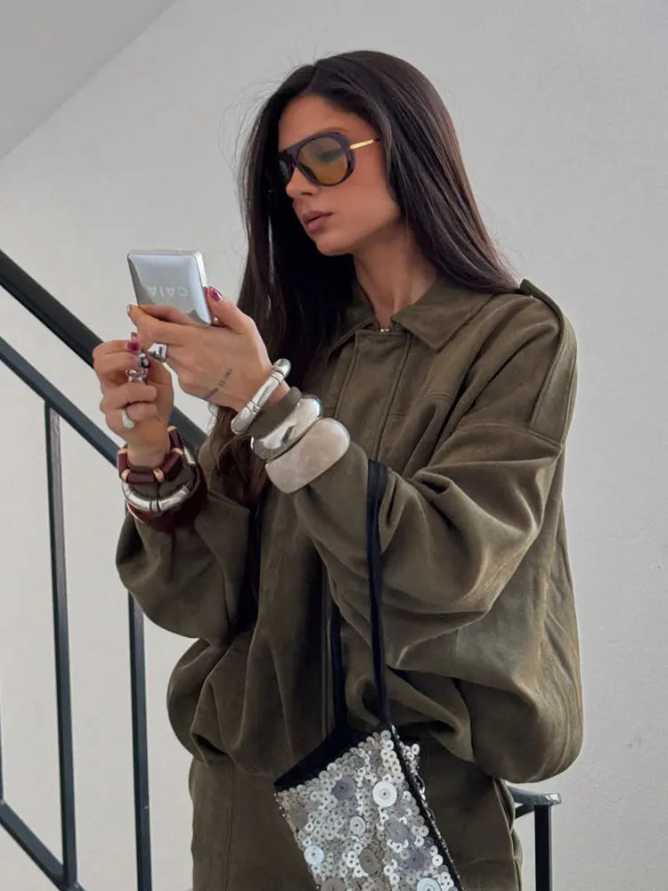 Oversized Vintage Suede Bomber Jacket, Brown & Green