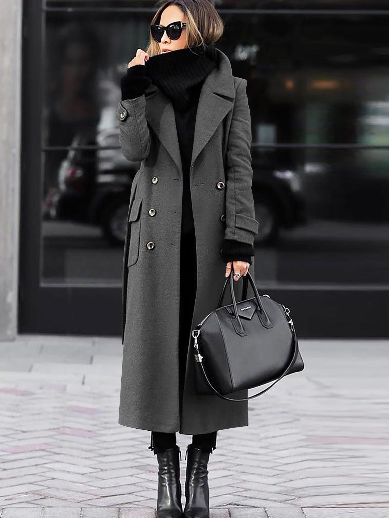 Womens Wool Winter Coat - Double-Breasted Full Length