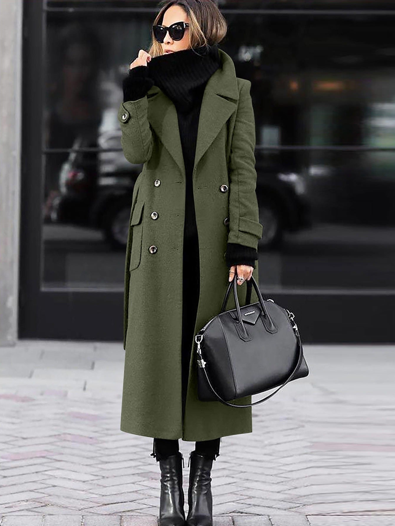 Womens Wool Winter Coat - Double-Breasted Full Length