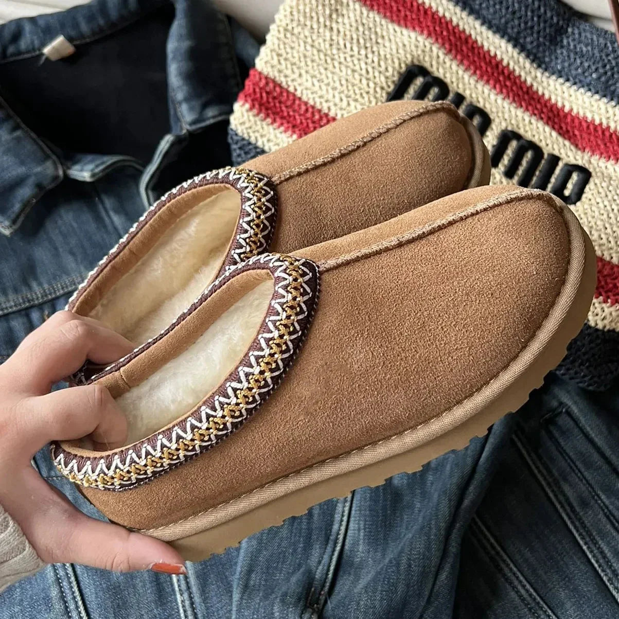 Shearling Lined Suede Moccasin Slippers with Embroidered Trim