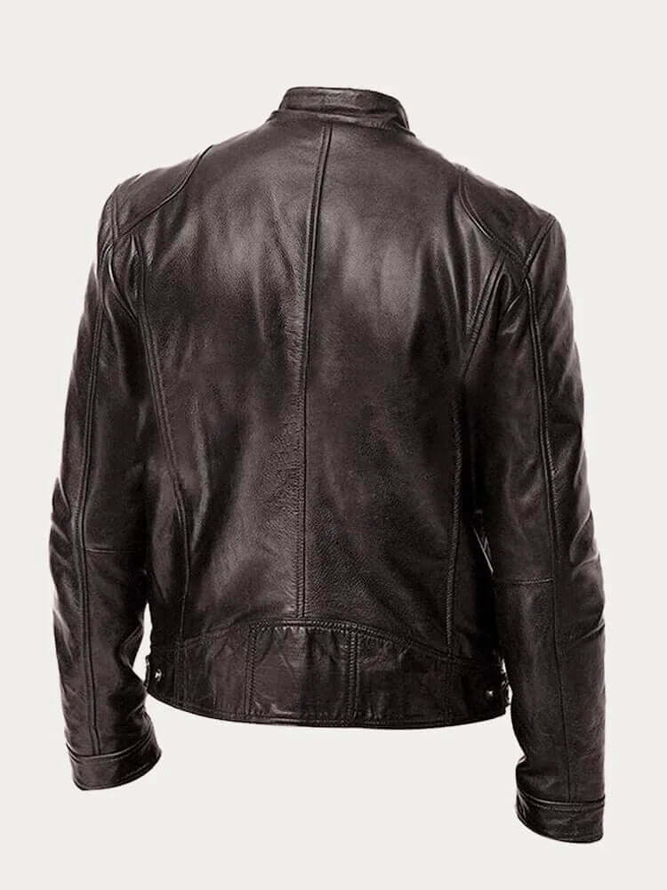 Men's Classic Leather Jacket - Stand Collar, Front Zip