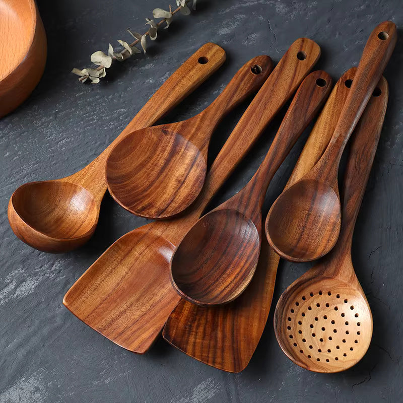 Teak Wood Kitchen Utensil Set, 7-Piece Non-Stick Safe