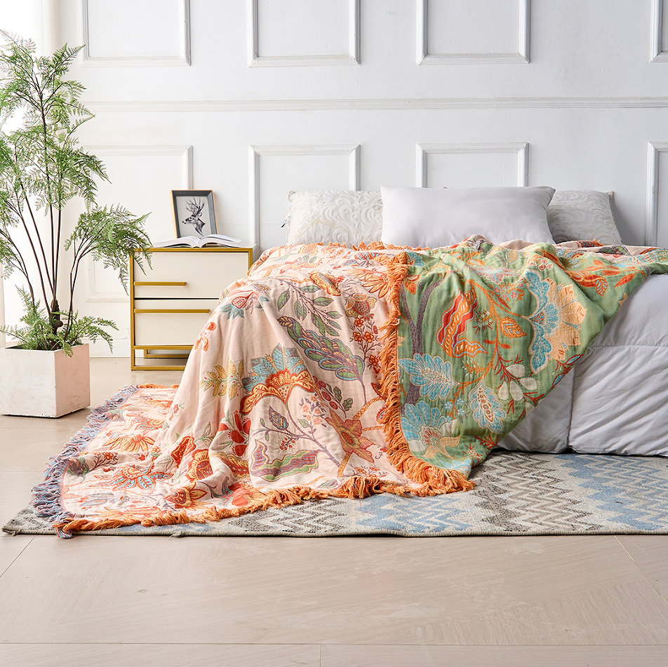 Rustic Floral Boho Cotton Throw Blanket with Fringe