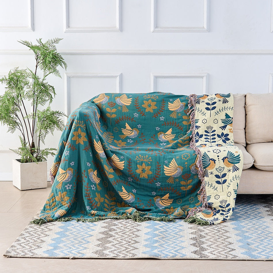 Reversible Scandinavian Bird Print Cotton Blanket