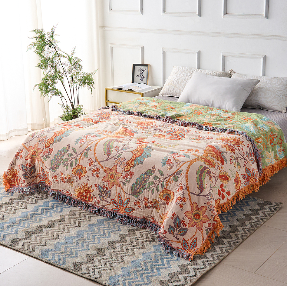 Rustic Floral Boho Cotton Throw Blanket with Fringe