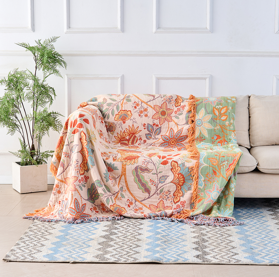 Rustic Floral Boho Cotton Throw Blanket with Fringe