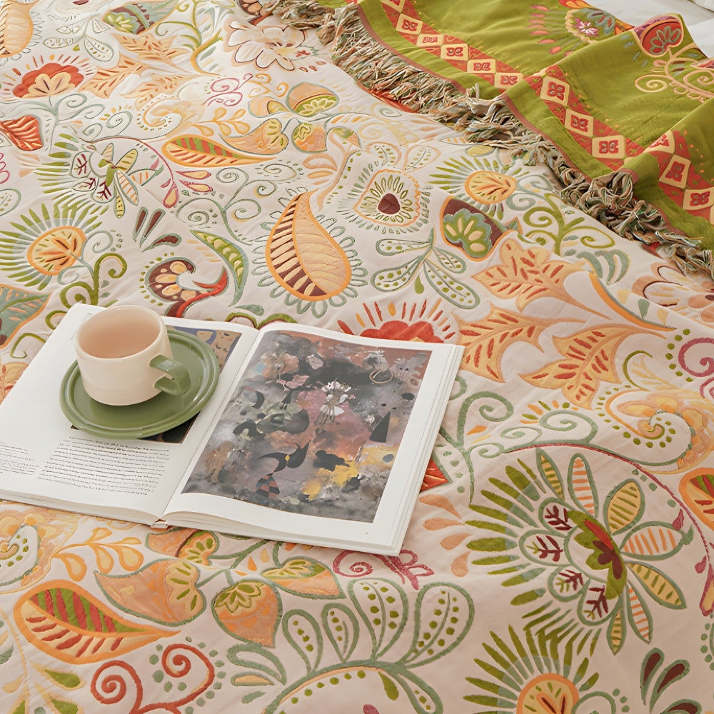 Autumn Leaf Boho Reversible Throw, Cotton Gauze Blanket
