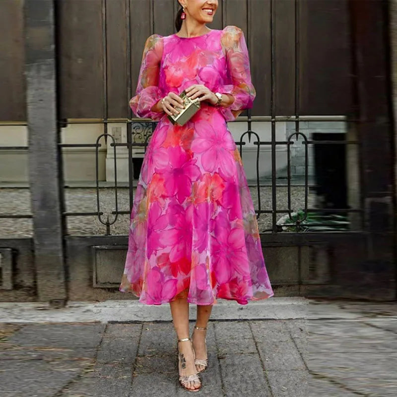 Elegant Floral Print Dress for Women in Blue and Pink