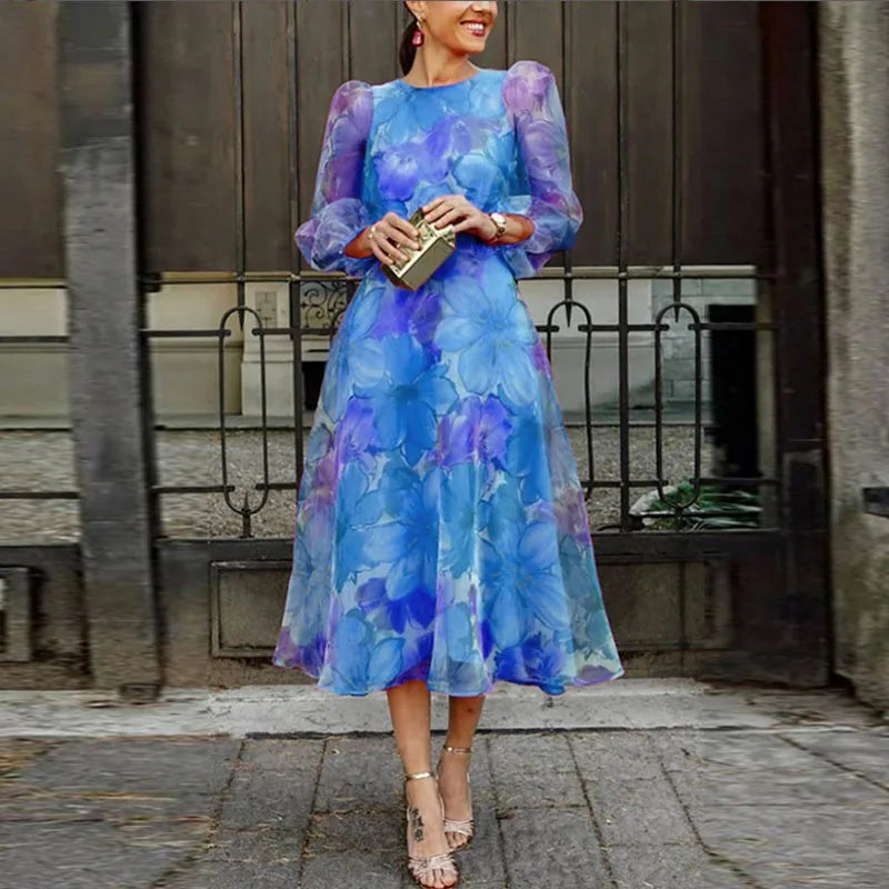 Elegant Floral Print Dress for Women in Blue and Pink