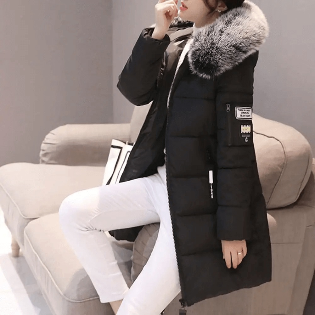 Windproof Puffer Coat for Women - Hooded Mid-Length