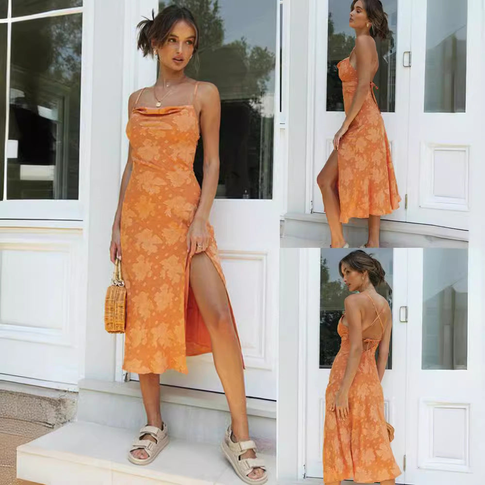 Women's Floral Cowl Neck Slip Midi Dress with High Slit