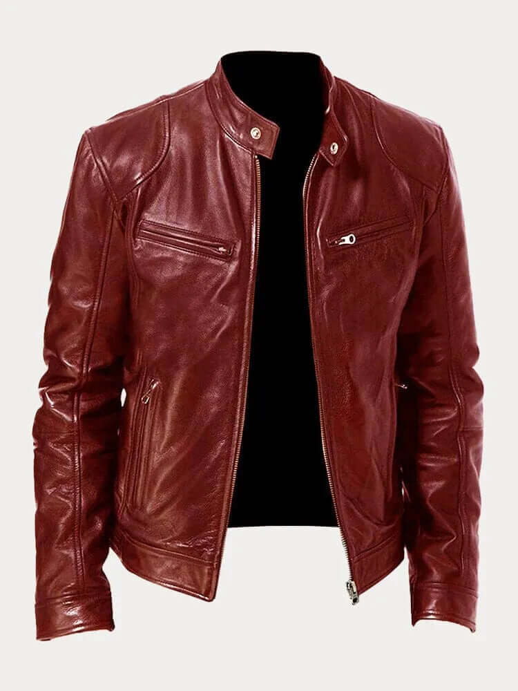 Men's Classic Leather Jacket - Stand Collar, Front Zip