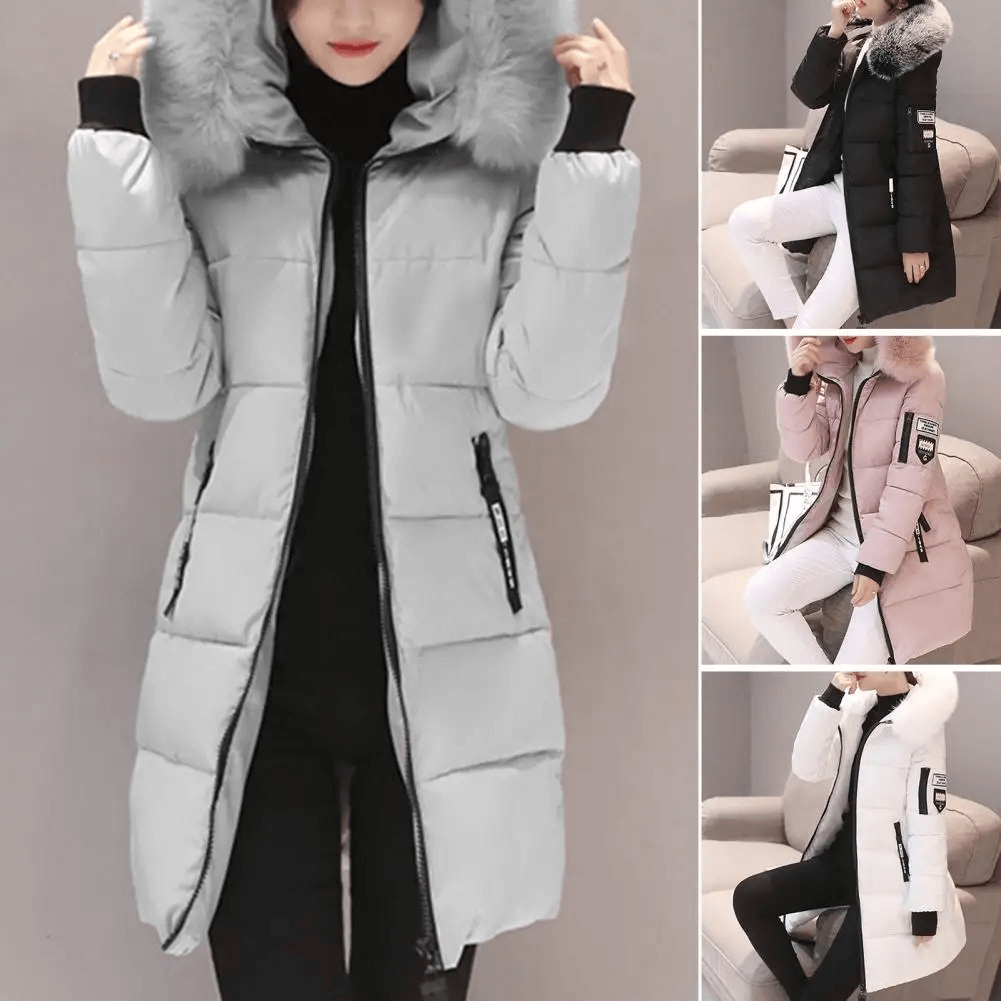 Windproof Puffer Coat for Women - Hooded Mid-Length