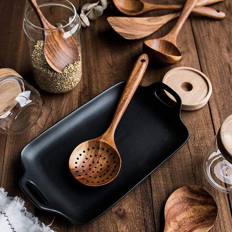 Teak Wood Kitchen Utensil Set, 7-Piece Non-Stick Safe