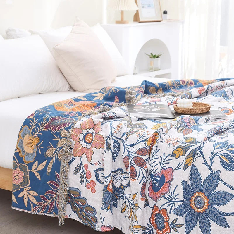 Artistic Floral Cotton Throw Blanket with Tassels