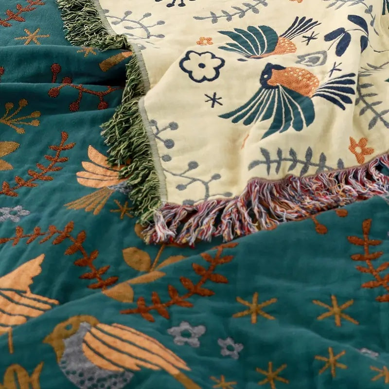 Reversible Scandinavian Bird Print Cotton Blanket