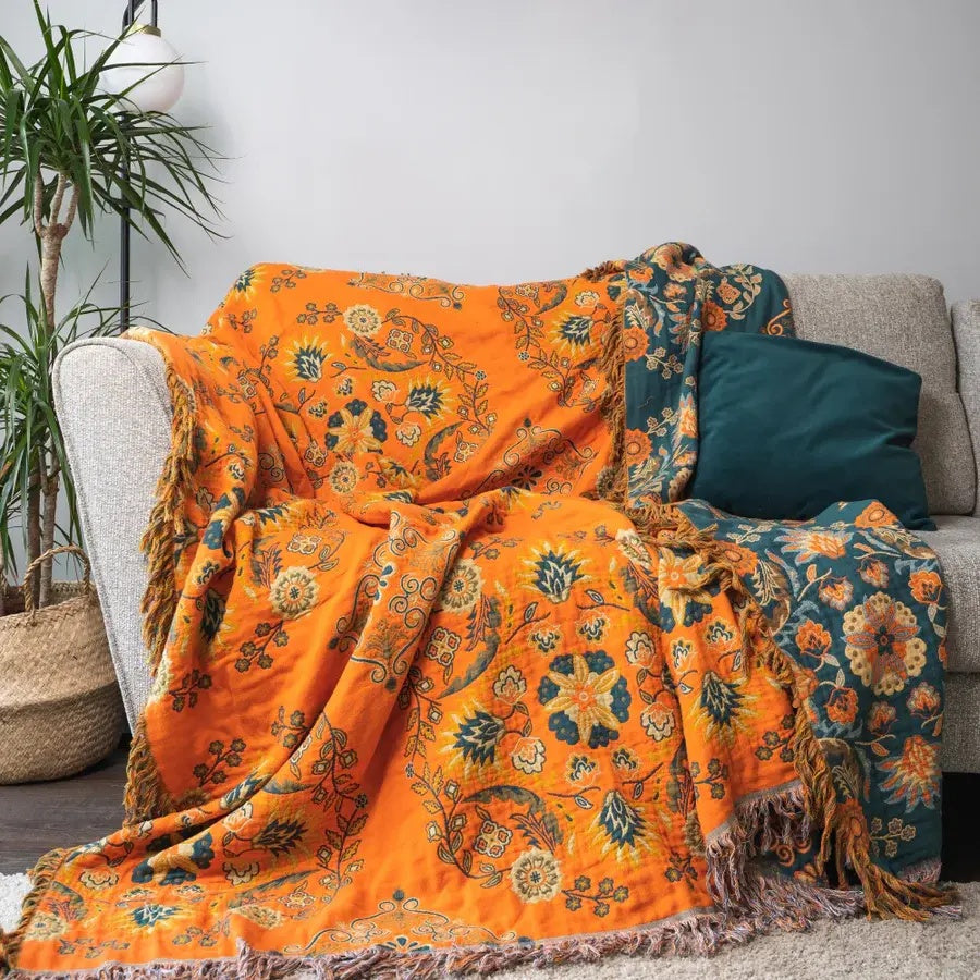 Marigold Reversible Cotton Throw Blanket - Boho Floral