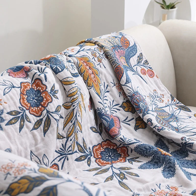 Artistic Floral Cotton Throw Blanket with Tassels