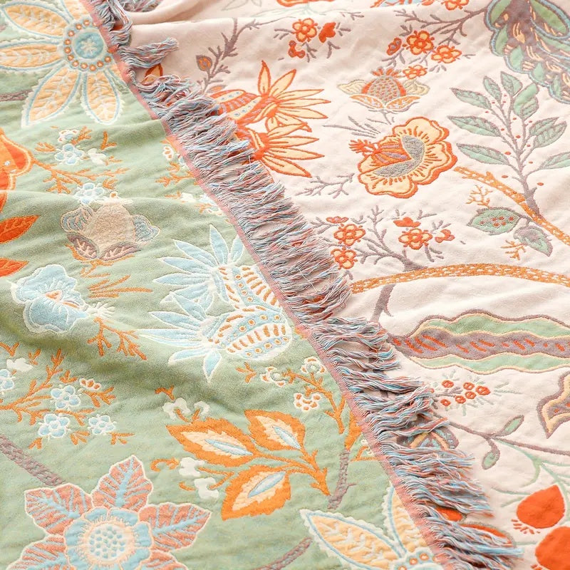 Rustic Floral Boho Cotton Throw Blanket with Fringe