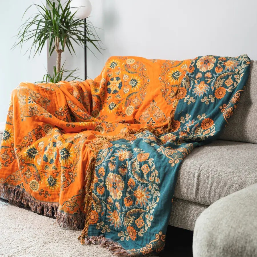 Marigold Reversible Cotton Throw Blanket - Boho Floral