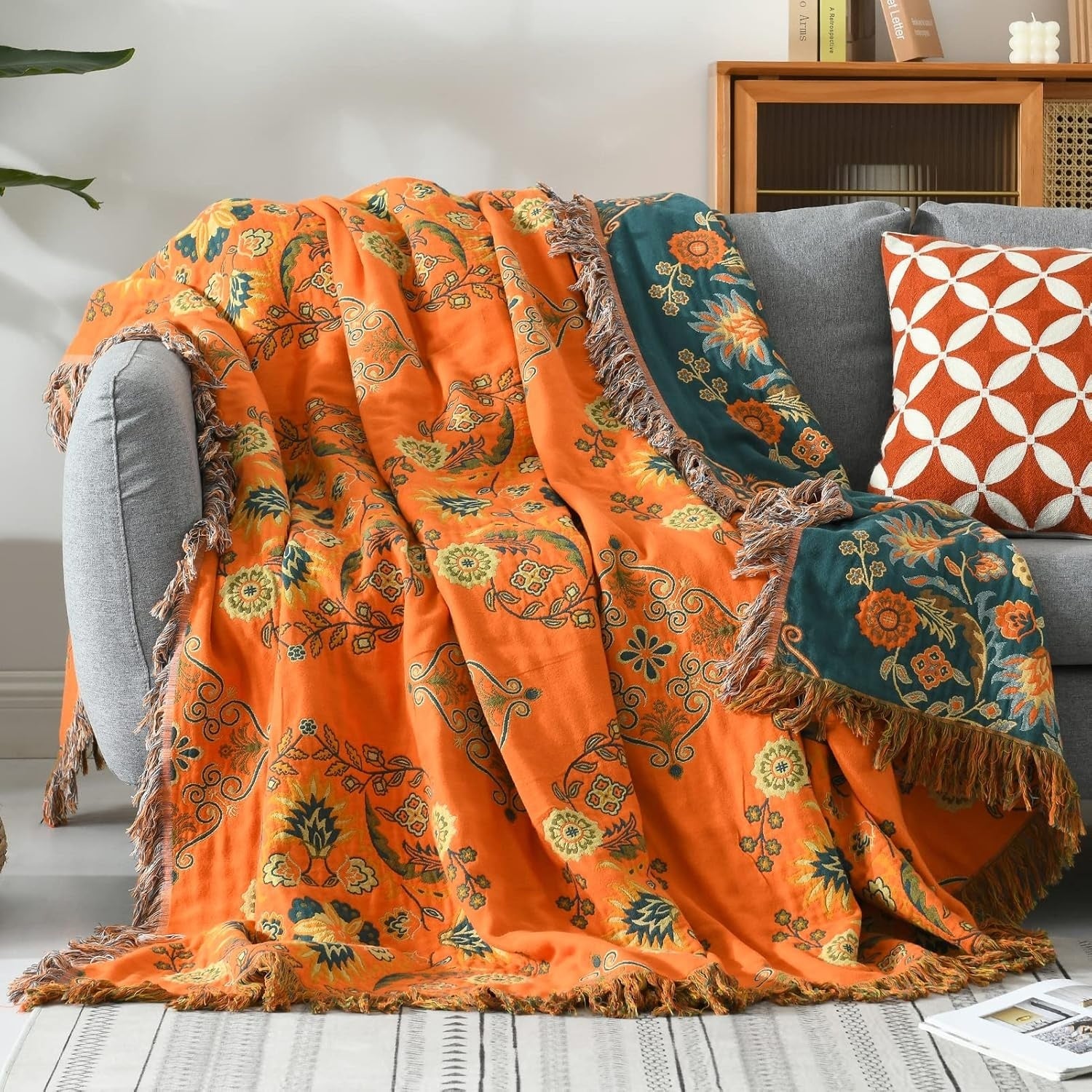 Marigold Reversible Cotton Throw Blanket - Boho Floral