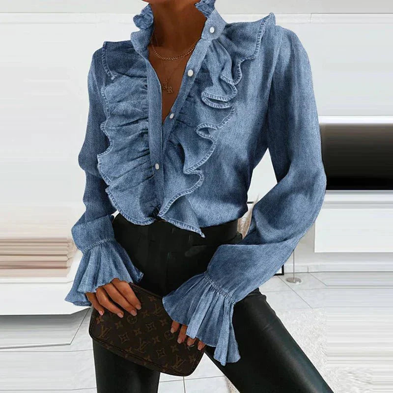 Ruffled Chiffon Blouse – Pleated Long Sleeve Women's Top