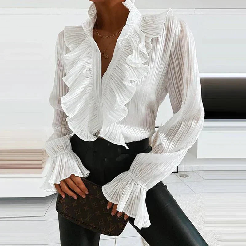 Ruffled Chiffon Blouse – Pleated Long Sleeve Women's Top