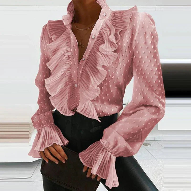 Ruffled Chiffon Blouse – Pleated Long Sleeve Women's Top