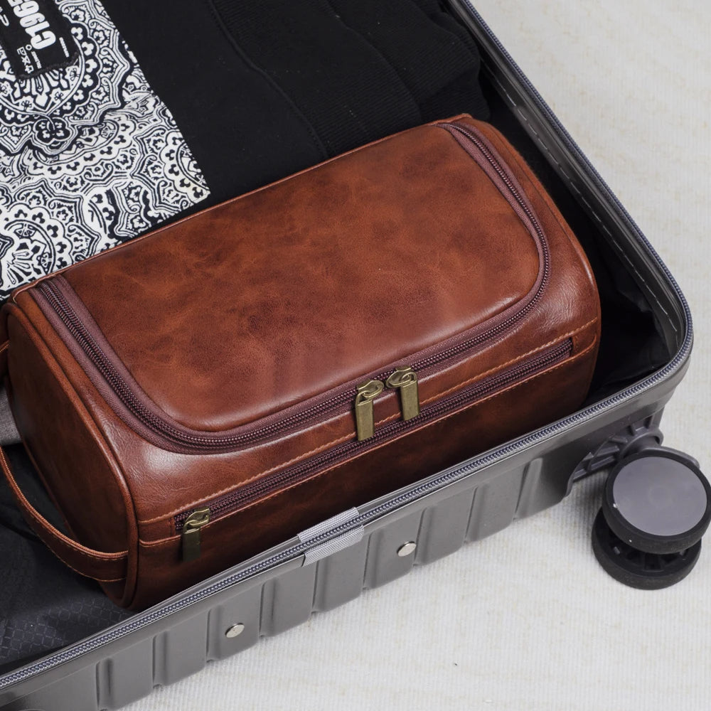 Leather Toiletry Bag with Waterproof Lining & YKK Zippers