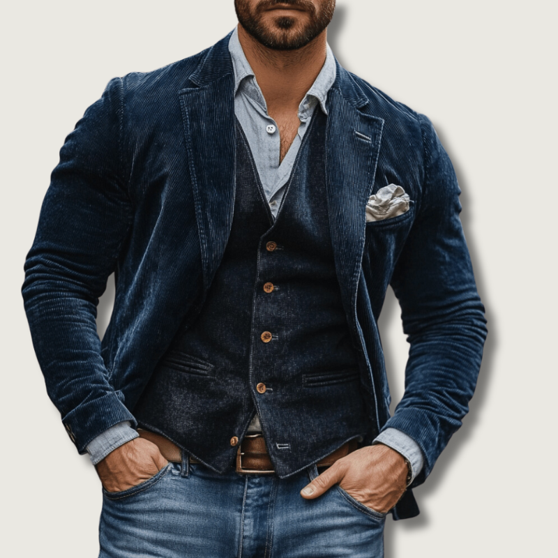 Classic Corduroy Blazer & Vest Set - Navy Two-Piece